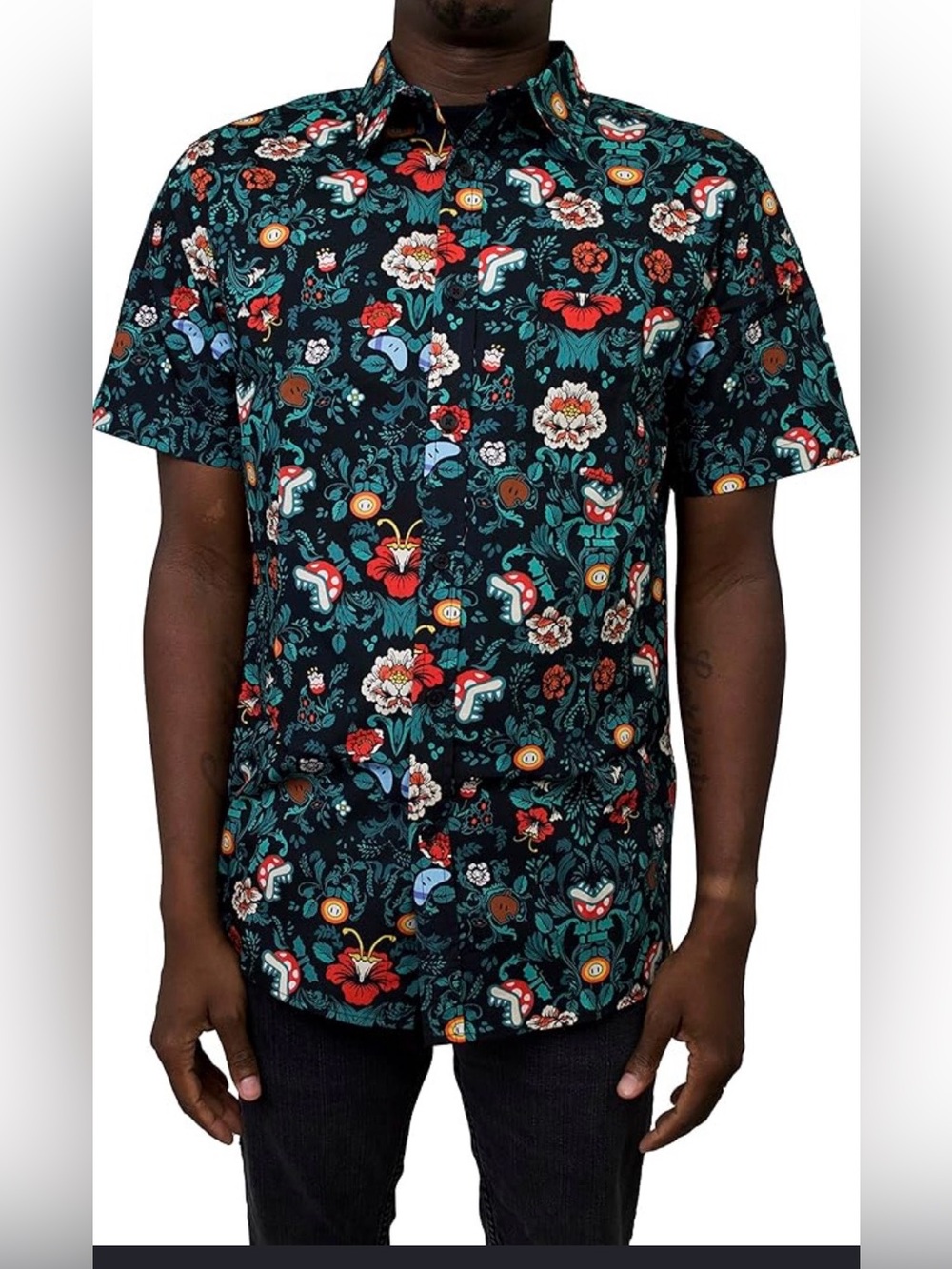 Nintendo Men's Powered Flowers Button Down Shirt Size Medium NEW